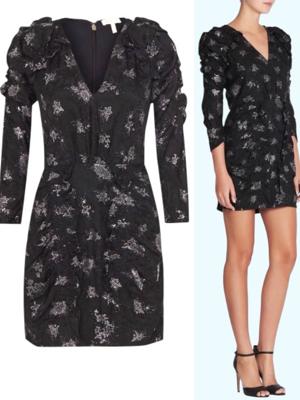 REBECCA TAYLOR Glitter Print Silk Jacquard Dress Floral Metallic Black Size 2